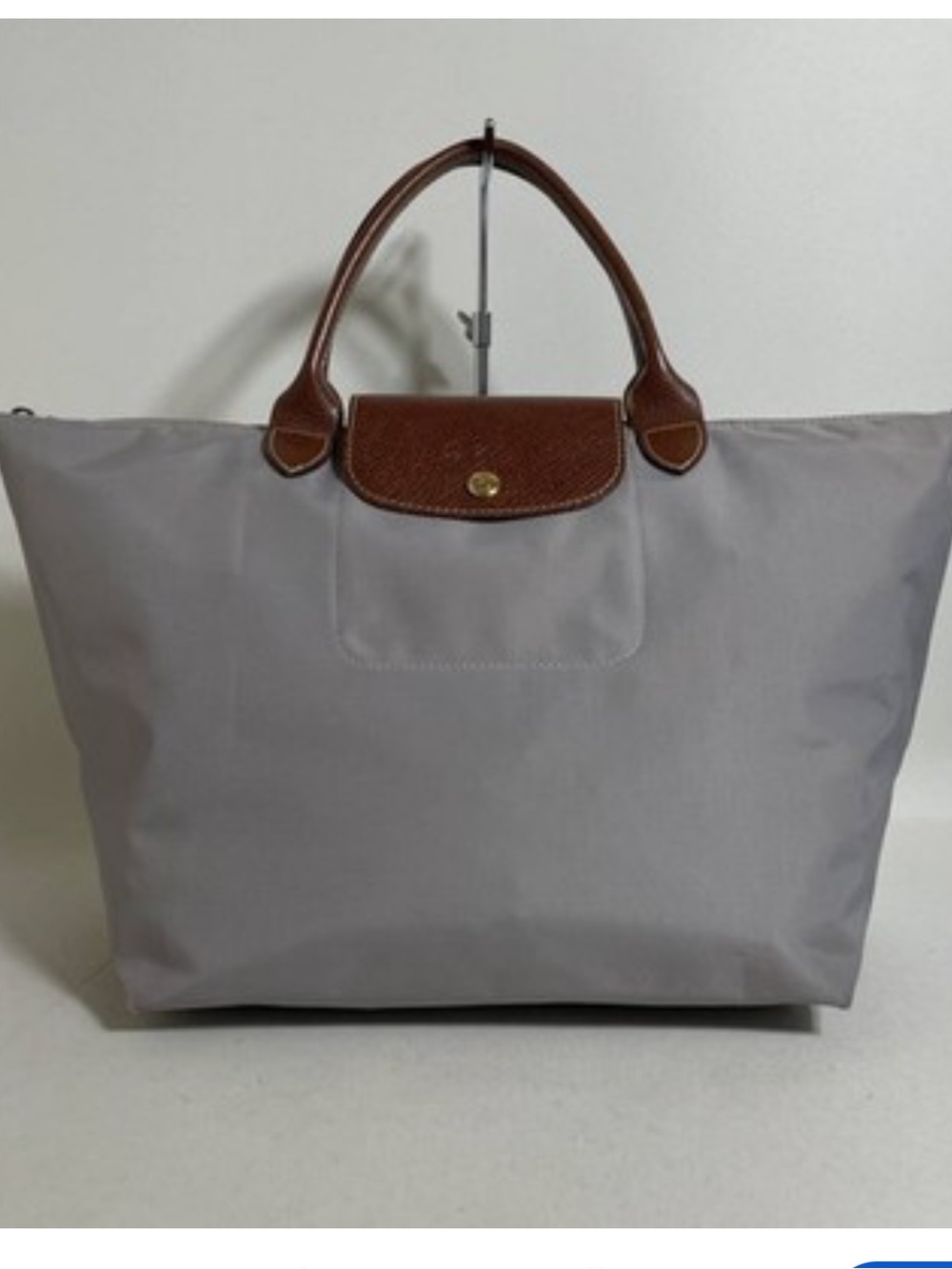 Longchamp Le Pliage Large Grey Tote with Brown Leather Trim xl